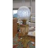 LATE 19TH CENTURY PARAFFIN LAMP WITH PORCELAIN & BRASS BASE & ETCHED GLASS SHADE
