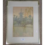 JAPANESE SCHOOL IN THE GARDENS BY THE LAKE SIGNED FRAMED WATERCOLOUR 36 X 24 CM