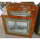 8 WALNUT EFFECT FRAMES WITH VARIOUS PRINTS 49 X 32 CM - TO BE SOLD PLUS VAT ON THE HAMMER PRICE.