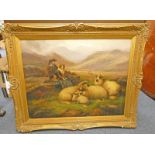 JOHN MORRIS HIGHLAND SHEPHERD & HIS FLOCK SIGNED GILT FRAMED OIL PAINTING 70 X 90 CM