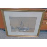 C G KENNAWAY FISHING BOATS AT THE DOCK SIGNED FRAMED WATERCOLOUR 30 X 46 CM