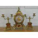 LATE 19TH/EARLY 20TH CENTURY BOULLE 3 PIECE CLOCK GARNITURE SET WITH CLOCK SURMOUNTED BY A CHERUB &