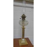 19TH CENTURY BRASS & CUT GLASS PARAFFIN LAMP WITH SQUARE COLUMN