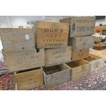 SELECTION OF WOODEN PORT AND OTHER CRATES TO INCLUDE COCKBURNS, TAYLORS, DOWS,