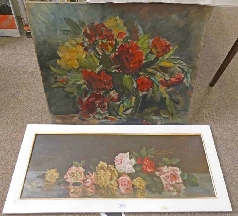 OWEN BOWEN UNFRAMED PAINTING, SIGNED, 63 X 77 CM, AND A FRAMED OIL PAINTING OF FLOWERS,