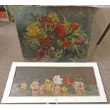 OWEN BOWEN UNFRAMED PAINTING, SIGNED, 63 X 77 CM, AND A FRAMED OIL PAINTING OF FLOWERS,