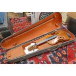 VIOLIN WITH 2 PIECE BACK WITH CASE AND BOW Condition Report: 33.