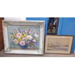 OIL PAINTING OF FLOWERS BY CAROLINE MILLER & FRAMED WATERCOLOUR BY ALAN CAPEY OF PLOCKTON