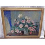 GILT FRAMED OIL PAINTING FLOWERS ON TABLE - 73 X 97 CM