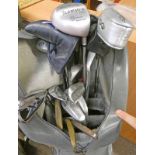 GOLF CLUBS IN BAG TO INCLUDE A HICKORY SHAFTED BRASS HEADED PUTTER, NORRIE THOMSON PUTTER,