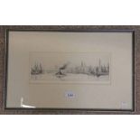 W L WYLLIE TUG BOAT ON THE THAMES SIGNED FRAMED ETCHING 11 X 33 CM