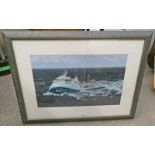 ROB ANDREW SHIP AT SEA NEAR WIND FARM IN OCEAN SIGNED FRAMED OIL PAINTING 30 X 50 CM TO BE SOLD