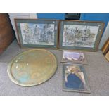 4 VARIOUS FRAMES WITH PRINTED PICTURES & A CIRCULAR BRASS PLATE 50CM