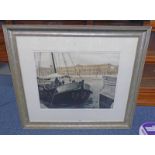 EMILE DESCHLER 1980 BOATS SIGNED FRAMED WATERCOLOUR 48 X 62 CM