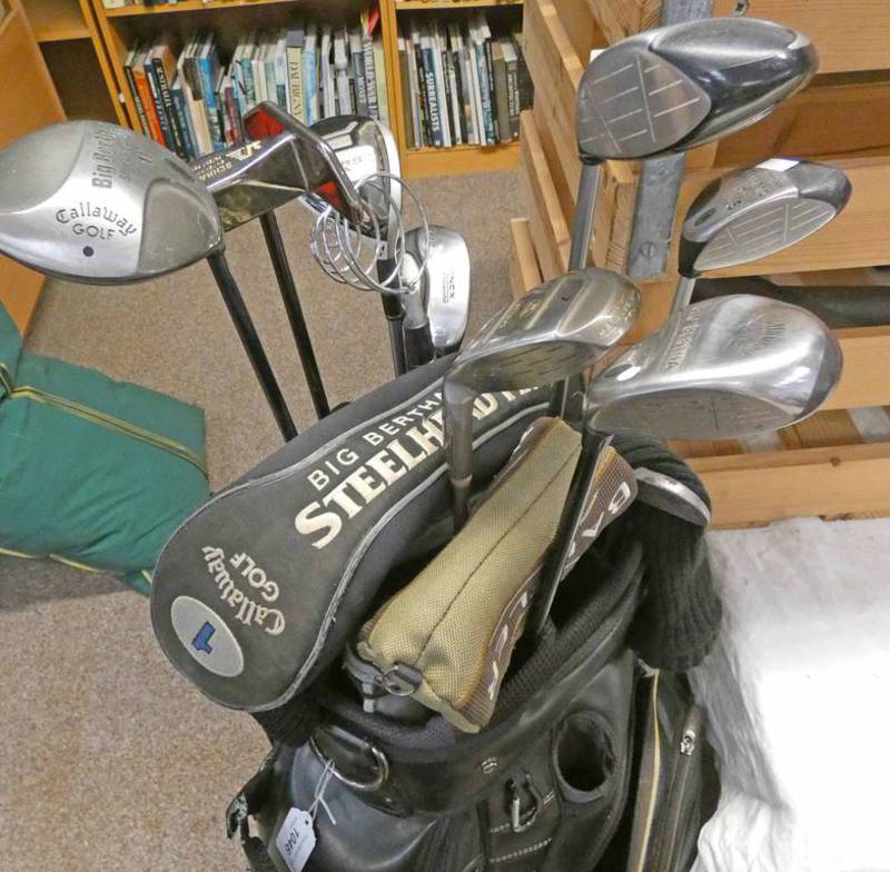 GOLF CLUBS IN BAG TO INCLUDE SCHRADER PUTTER, BIG BERTHA, ADAMS GOLD SUPER S IDEA,