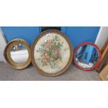 19TH CENTURY SEWNWORK FLOWERS IN FRAME WITH TWO ROUND MIRRORS