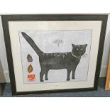 BARBARA ROBERTSON WINTER CAT SIGNED FRAMED MIX MEDIA 48 X 59 CM