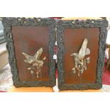 PAIR OF CARVED ORIENTAL PANELS WITH CARVED HARDWOOD FRAMES INSET WITH MOTHER OF PEARL,