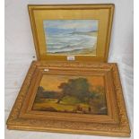 FRAMED WATERCOLOUR SCURDIE NESS LIGHTHOUSE - INDISTINCTLY SIGNED AND 19TH CENTURY OIL PAINTING OF
