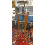 ARTS & CRAFTS STYLE BAMBOO POTSTAND WITH ADJUSTABLE BRASS BOWL OVERALL HEIGHT 60CM