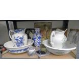 2 EWER AND BASIN SETS, 2 BLUE & WHITE ORIENTAL VASES, VARIOUS METALS ADVERTISING PLAQUES,