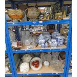 GOOD SELECTION OF ORIENTAL BLUE & WHITE WARE, CLOISONNE CHOP STICKS, BRASSWARE,