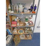 VARIOUS ART POTTERY, ROYAL DOULTON TEA WARE, MASONS STYLE JUGS, GLASS CENTRE LIGHT FITTING,