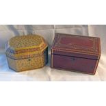 RED LEATHER & GILT TOOLED STATIONARY BOX & AN INDO- PERSIAN LACQUER BOX DECORATED WITH EXOTIC BIRDS,