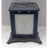 19TH CENTURY CAST IRON & WHITE PORCELAIN CUBE LITHOPHANE ON A SHAPED BASE - 13CM TALL