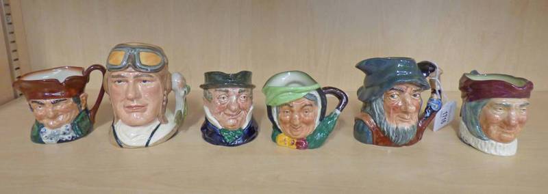 6 ROYAL DOULTON CHARACTER JUGS INCLUDING THE AIRMAN, RIP VAN WINKLE,