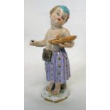 19TH CENTURY MEISSEN PORCELAIN FIGURE OF A YOUNG GIRL HOLDING A PLATTER IN A PINK SKIRT,