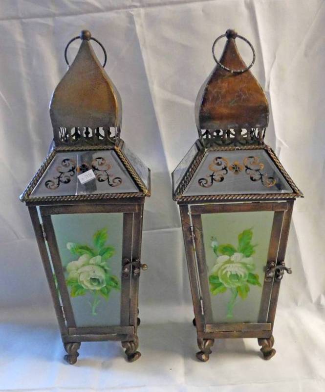 PAIR OF EARLY 20TH CENTURY LANTERNS WITH FLORAL DECORATION GLASS & MIRRORED PANELS - 46 CMS TALL