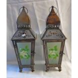 PAIR OF EARLY 20TH CENTURY LANTERNS WITH FLORAL DECORATION GLASS & MIRRORED PANELS - 46 CMS TALL