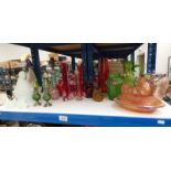 SELECTION OF COLOURED GLASSWARE INCLUDING CARNIVAL GLASS HEN TUREEN, 4 OTHER GLASS HEN TUREENS,