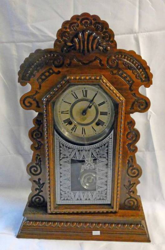 AMERICAN ANSONIA MANTLE CLOCK WITH CARVED DECORATION - 58 CM TALL