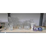 5 CUT GLASS BOWLS, VARIOUS OTHER GLASSWARE, ROYAL DUX VASE, WEDGWOOD & CAITHNESS GLASS PAPER WEIGHT,