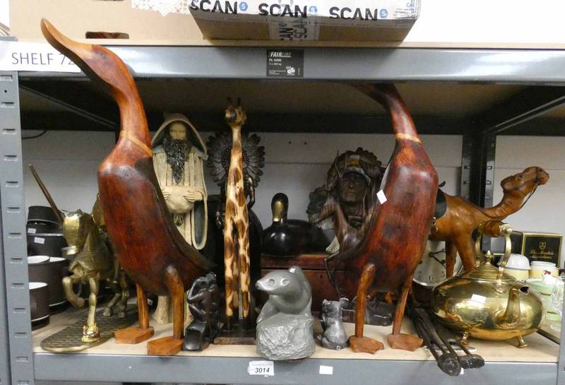 VARIOUS WOODEN SCULPTURES BRASSWARE,