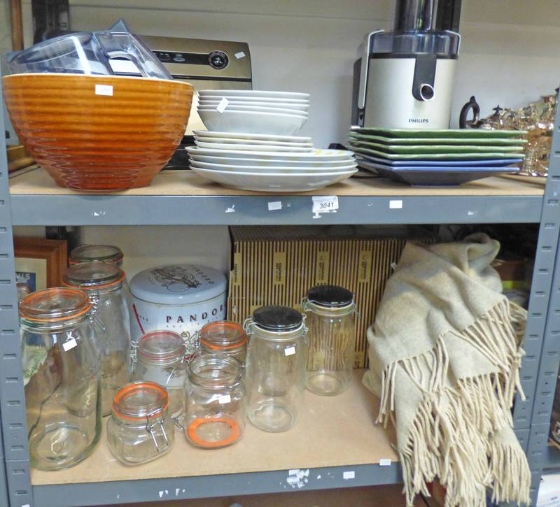 VARIOUS KILNER JARS, PHILIPS ICE CREAM MAKER, ART POTTERY PLATES, ETC,