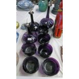 SET OF 3 AMETHYST GLASS SHIPS DECANTERS & SET 6 AMETHYST GLASS BOWLS Condition Report: