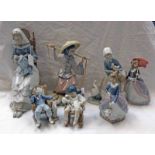 7 LLADRO FIGURES Condition Report: Lady with umbrella has a missing hand and a large