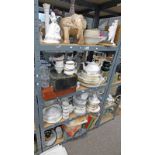 LARGE SELECTION OF PORCELAIN, ETC INCLUDING ROYAL ALBERT HAWORTH TEASET, WOODEN FIGURES,