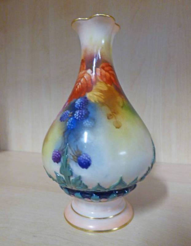 ROYAL WORCESTER FLUTED PEAR SHAPED VASE DECORATED WITH BLACKBERRIES - 16.