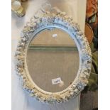 MEISSEN STYLE FLORAL ENCRUSTED DRESSING MIRROR WITH BLUE CROSSED SWORDS MARK TO SIDE - 45CM LONG