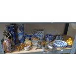 SELECTION OF VARIOUS ORIENTAL BLUE AND WHITE PORCELAIN ETC OVER ONE SHELF