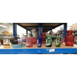 SELECTION OF VARIOUS MARY GREGORY STYLE COLOURED GLASS BEAKERS, LIDDED CIRCULAR BOX,