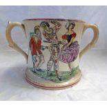 19TH CENTURY TWO HANDLED FROG MUG DECORATED WITH HARLEQUIN & 2 OTHER DANCING FIGURES - 10.
