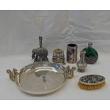 ELEPHANT SILVER PLATED EPERGNE, CUT GLASS INKWELL, 2 SCENT BOTTLE WITH METAL MOUNTS,