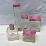 4 SILVER & PINK GUILLOCHE ENAMEL TOPPED DRESSING & MATCHING SCENT BOTTLE BY R B & SON,