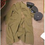 WW2 GREAT COAT WITH REME BUTTONS AND 3 CAPS