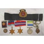 WW2 MEDALS CONSISTING OF A 1939-45 STAR, ATLANTIC STAR, 1939-45 MEDAL, SILVER AND COPPER FOB,